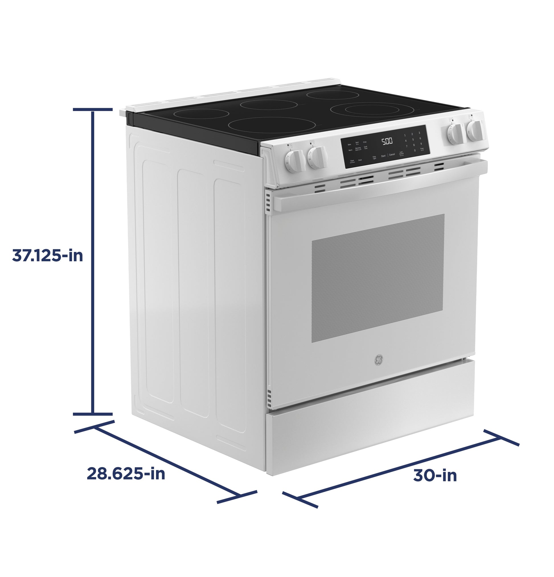 White slide-in electric range with digital display and four radiant cooking elements for kitchen and home improvement tools