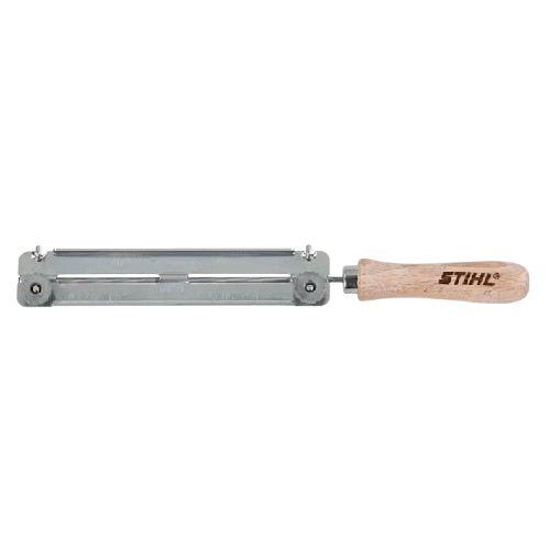 Metal and wood STIHL file guide tool with wooden handle for saw chain maintenance in power tool accessories collection