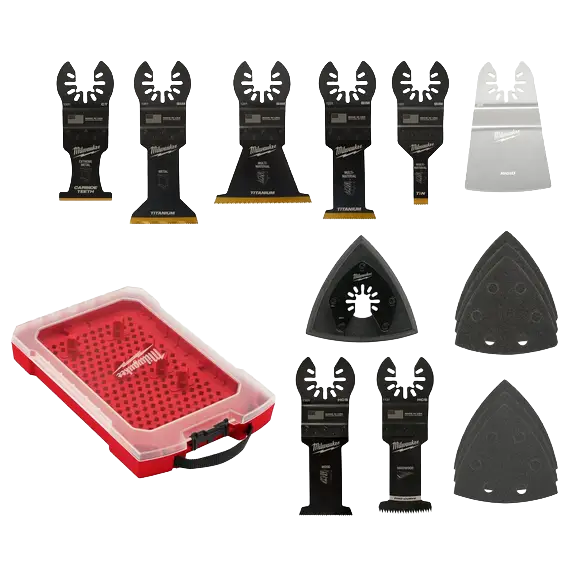 Set of multi-tool blades and sanding pads with red storage case for woodworking and oscillating tool accessories under $100 collection