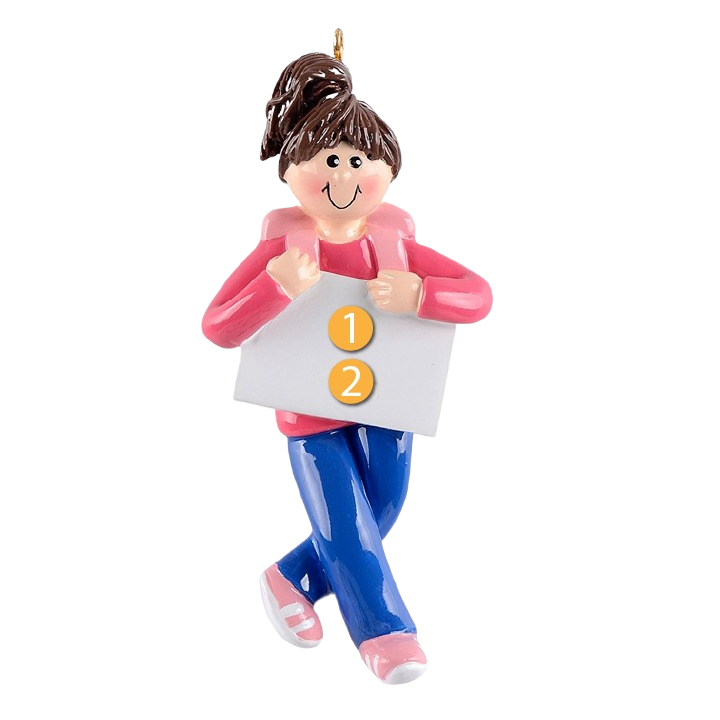 Ornament of smiling girl in pink hoodie and blue pants holding customizable blank sign for Christmas Ornaments collection