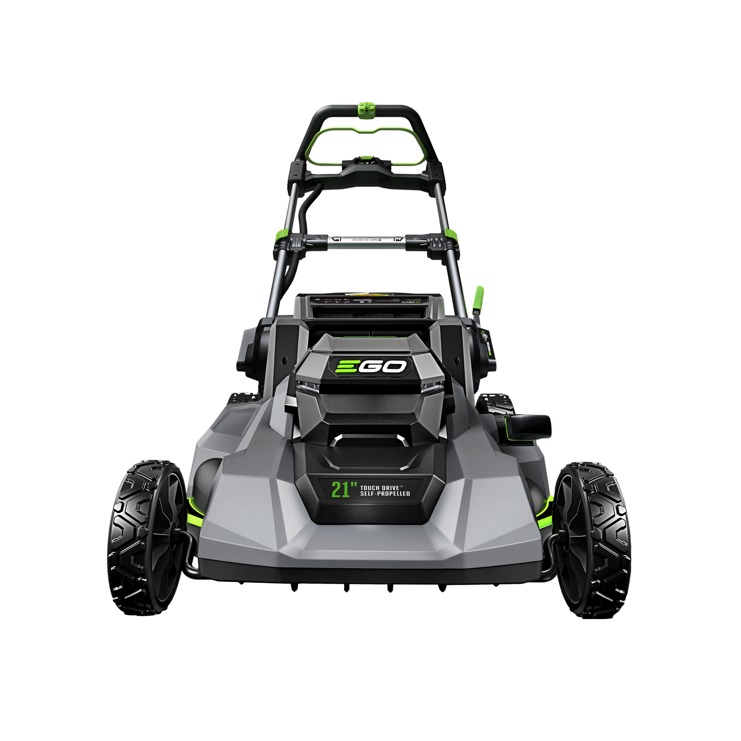 Front view of a gray and green 21-inch self-propelled mower for lawn and garden outdoor power equipment use
