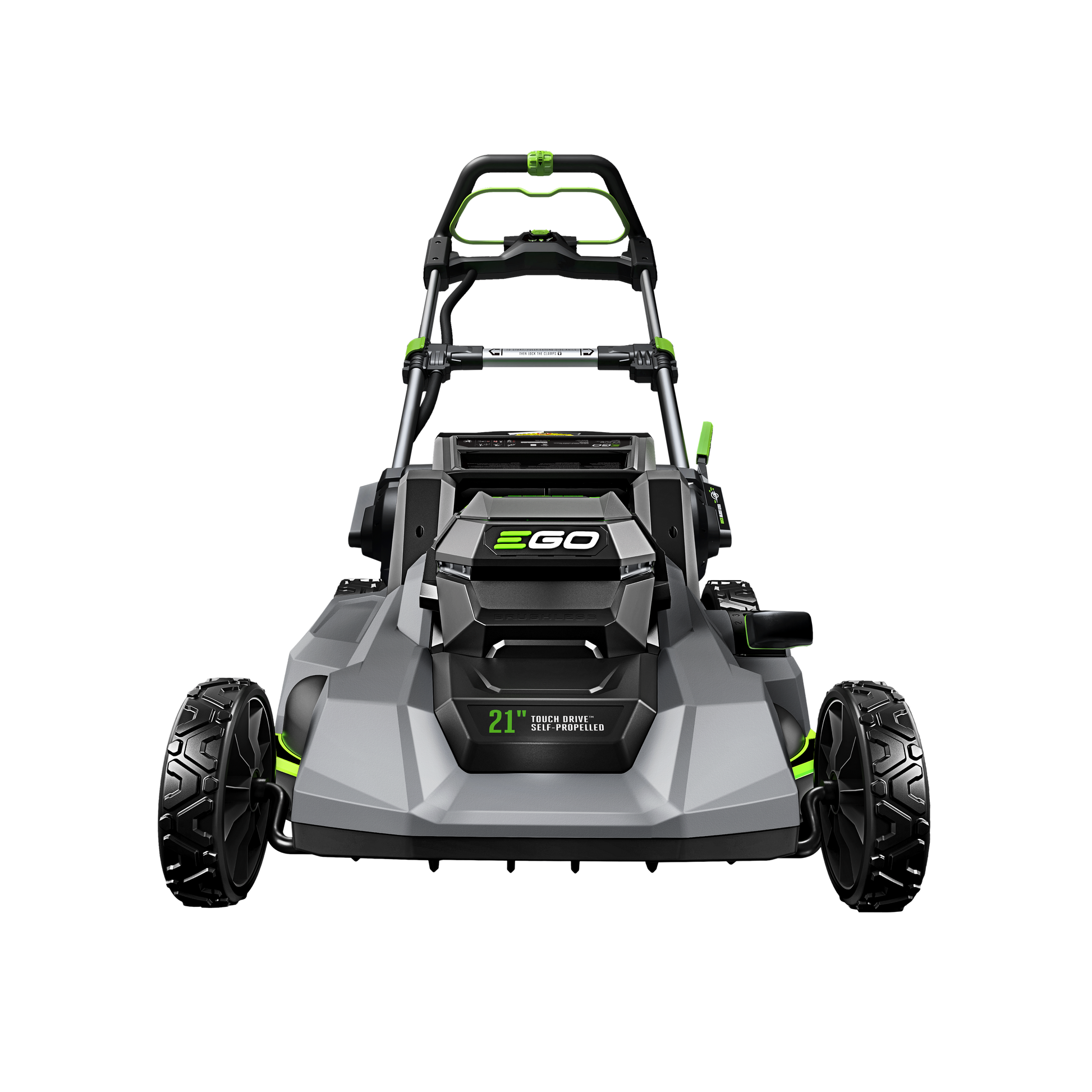 Front view of a gray and green 21-inch self-propelled mower for lawn and garden outdoor power equipment use