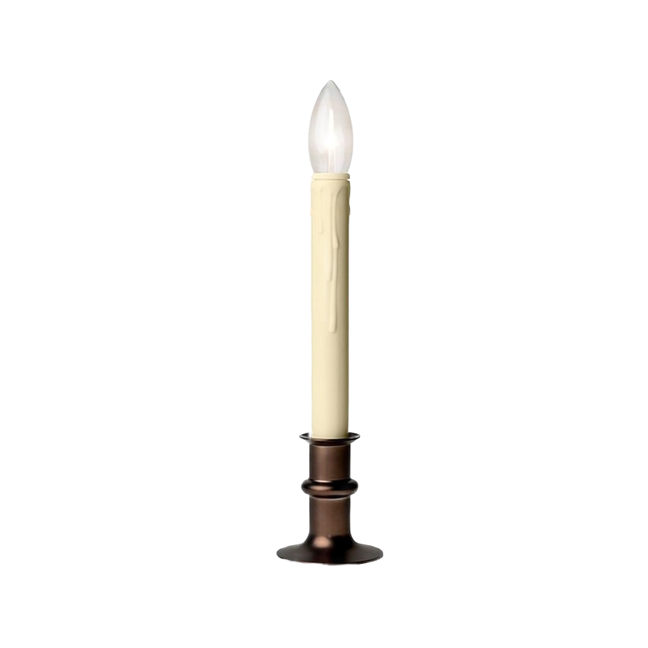Tall candle-style lamp with bronze base and frosted bulb resembling a candle flame for decorative lighting
