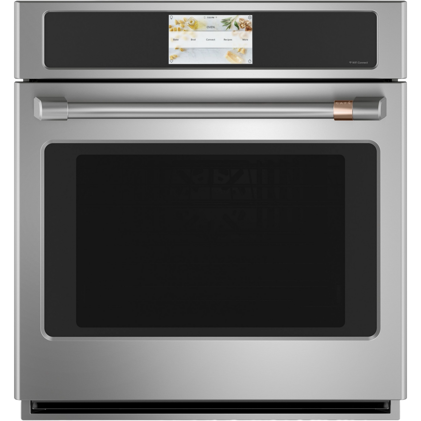 Stainless steel smart single wall oven with digital touchscreen and convection feature in kitchen appliances collection
