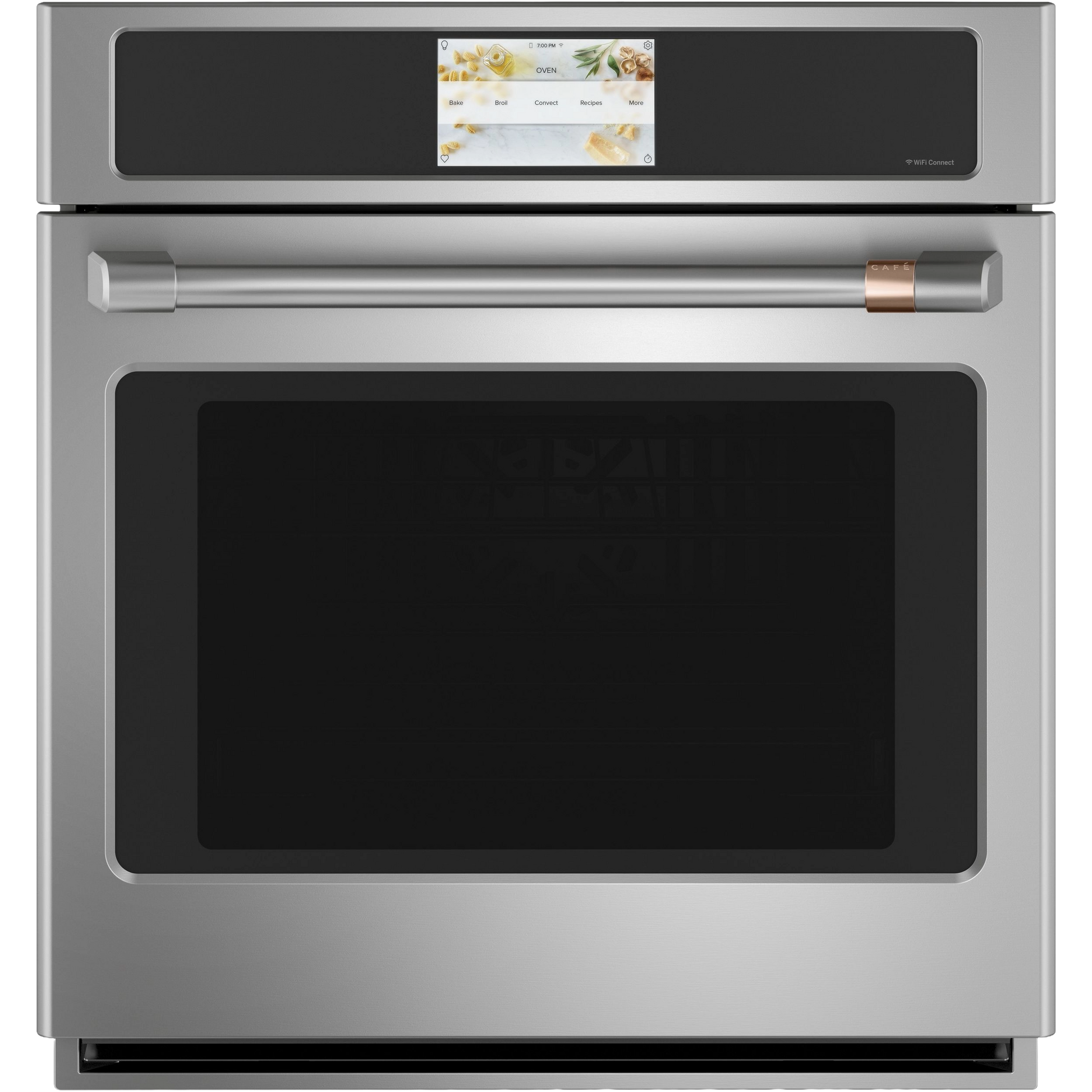 Stainless steel smart single wall oven with digital touchscreen and convection feature in kitchen appliances collection