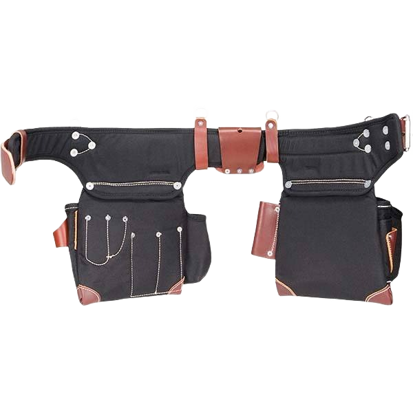 Black and brown leather adjustable framer tool belt with multiple pockets for woodworking tools and workshop organization