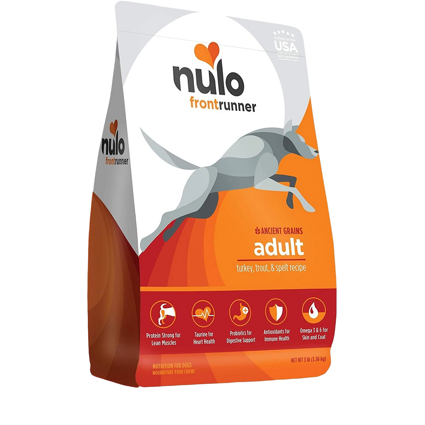 Bag of Nulo Frontrunner dry adult dog food with turkey, trout, and spelt recipe in orange and white packaging