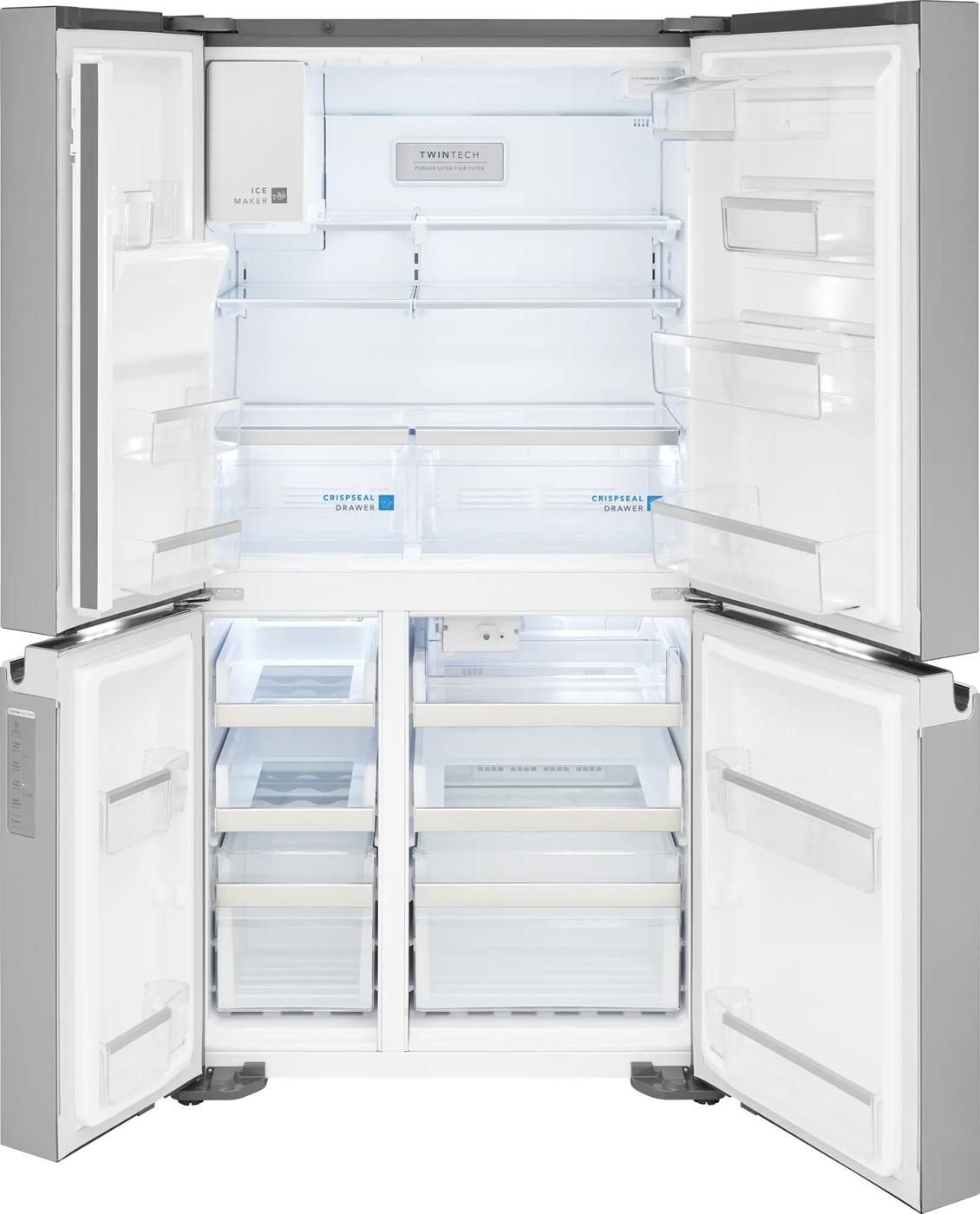 Open four-door refrigerator with adjustable shelves and crispers in appliances and kitchenware collection