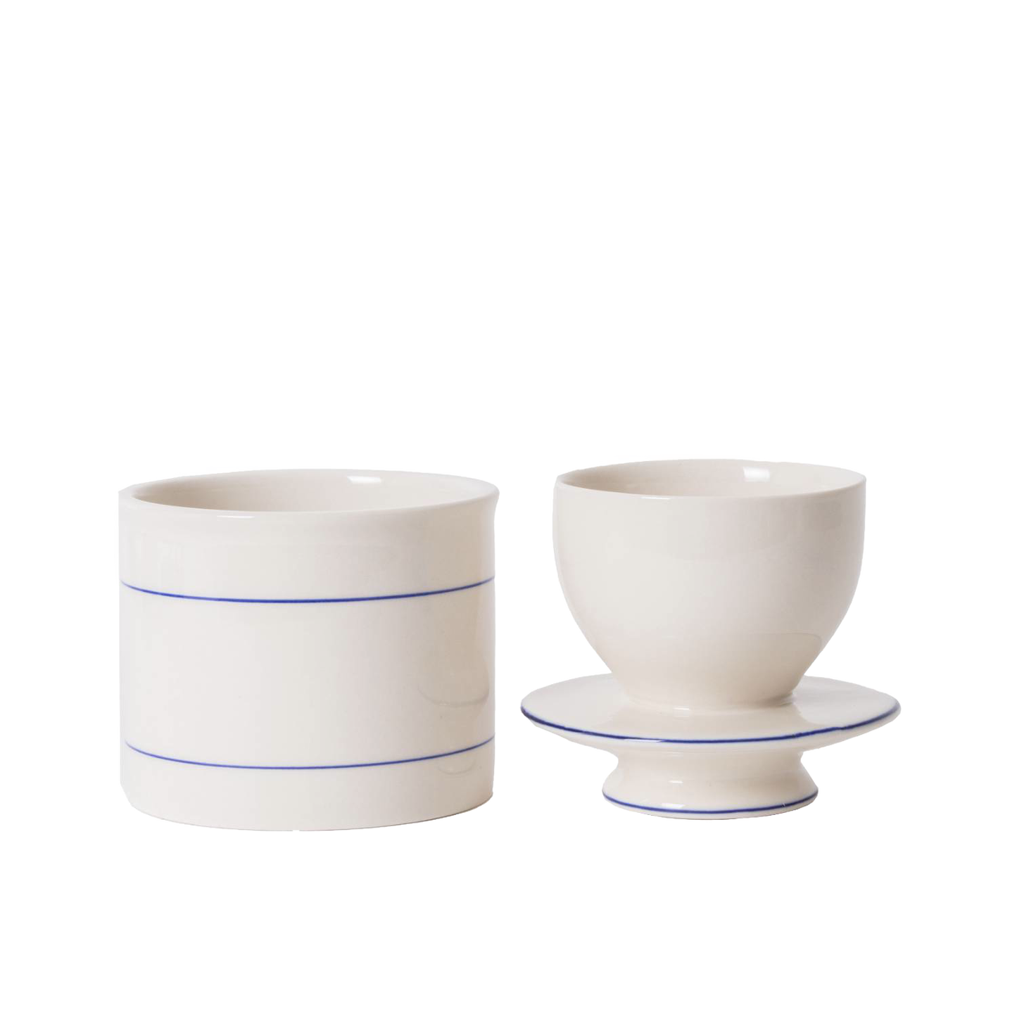 White stoneware butter keeper with lid and matching base featuring simple blue line accents for kitchenware use