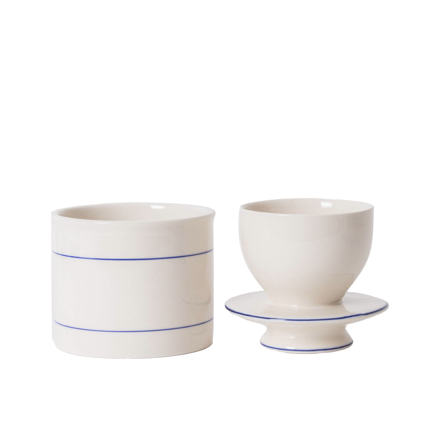 White stoneware butter keeper with lid and matching base featuring simple blue line accents for kitchenware use