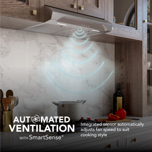 Modern under cabinet range hood with automated sensor adjusting fan speed for efficient kitchen ventilation and home improvement