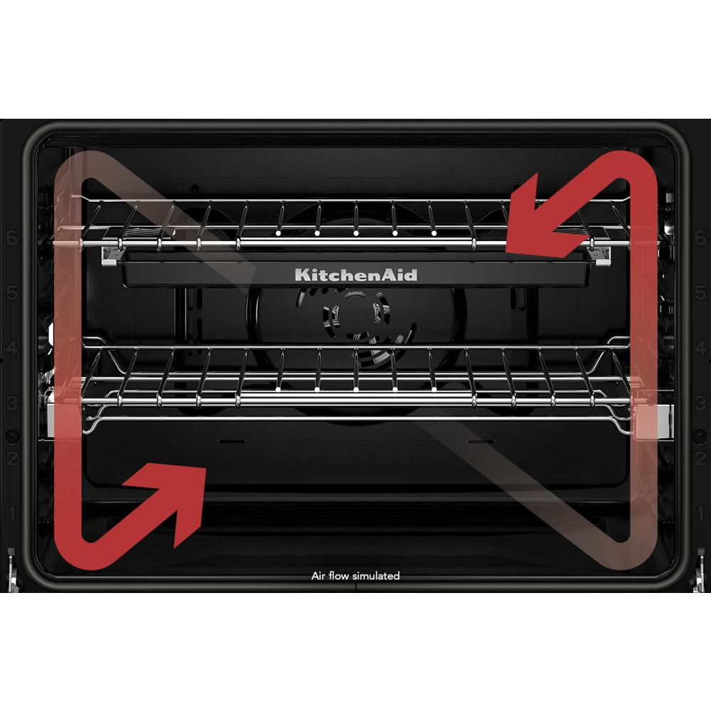 Interior view of black ore double wall oven showing wire racks and simulated airflow path in KitchenAid appliance
