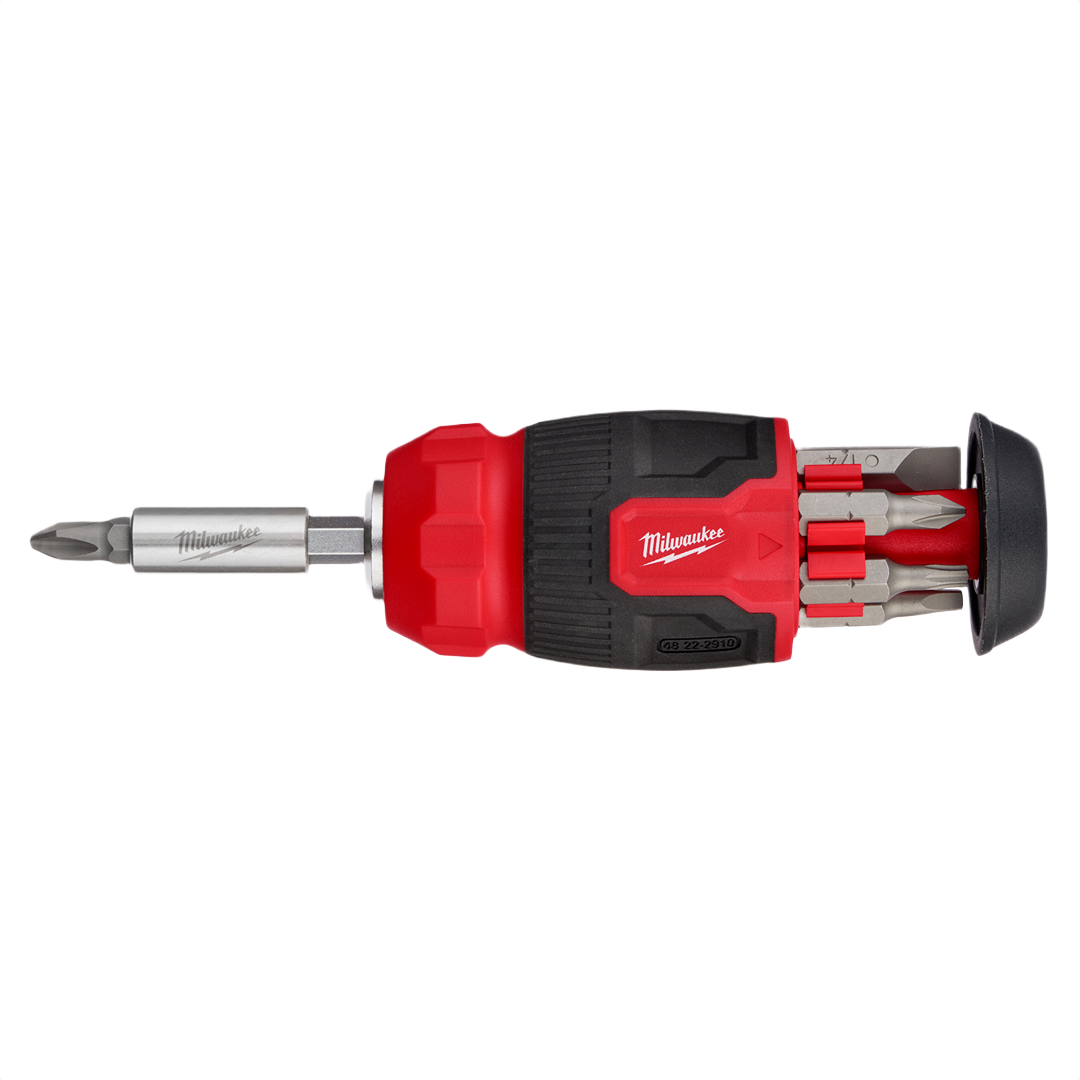 Compact red and black multi-bit screwdriver with bit storage and metal tips for home improvement tasks