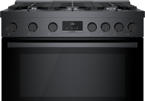 Front view of black stainless steel dual fuel freestanding range with six metal knobs and digital display panel