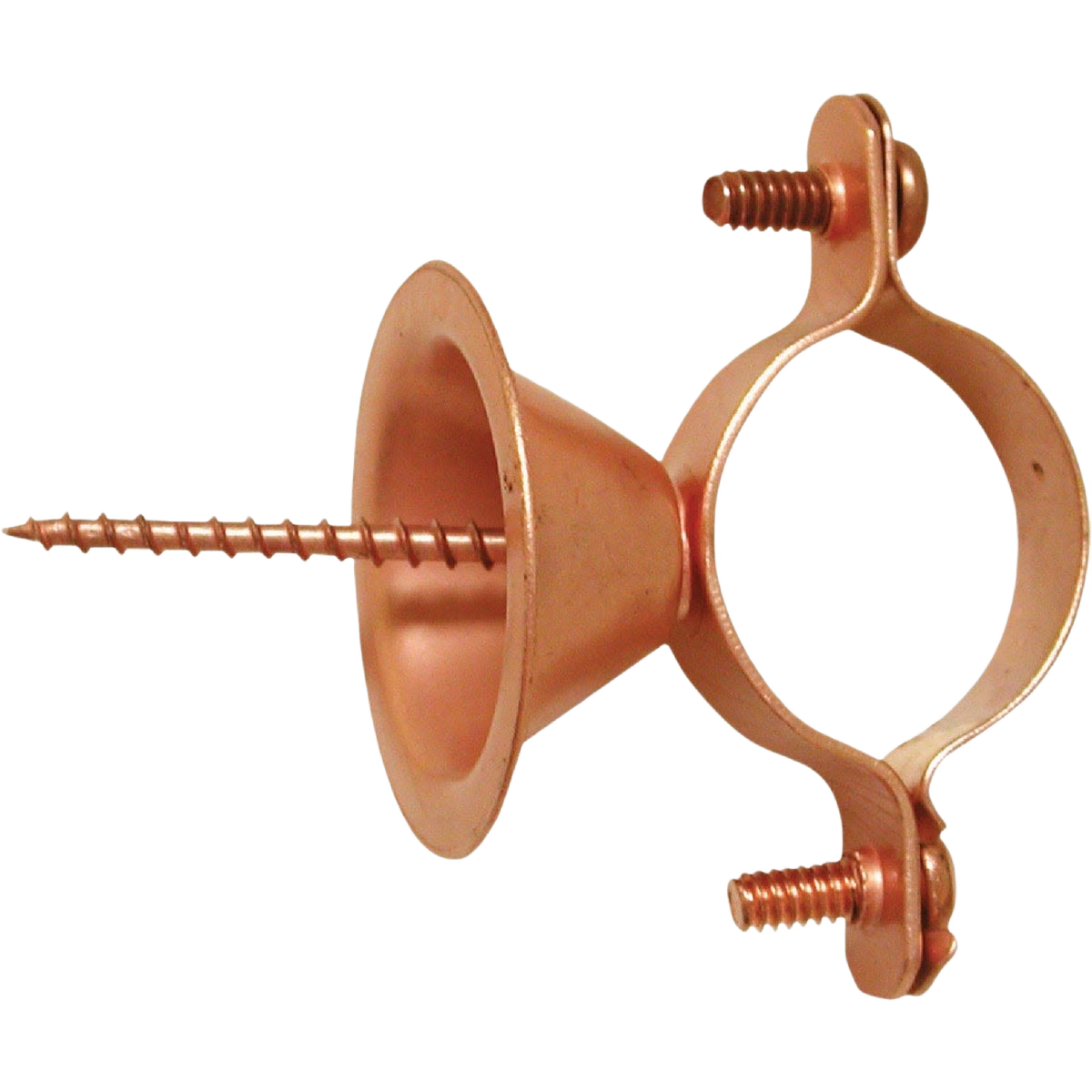 Copper-coated steel pipe hanger with bell type design and screws for plumbing and home improvement projects under $50.