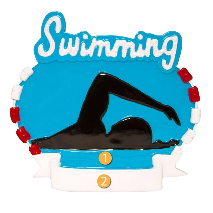 Blue and black personalized swimming ornament with swimmer silhouette and decorative lane markers for Christmas decorations under $50 collection