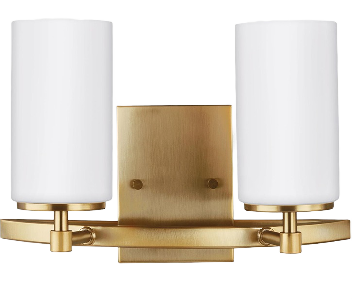 Two-light satin brass sconce with cylindrical frosted glass shades for bathroom and wall lighting collections