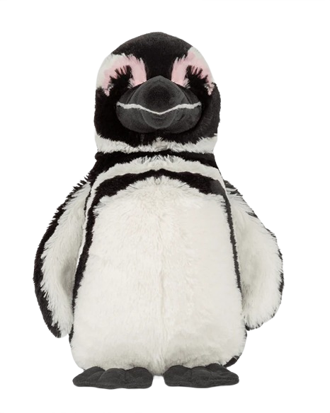 Soft black and white plush penguin with subtle pink accents, designed for cuddling or decorative use