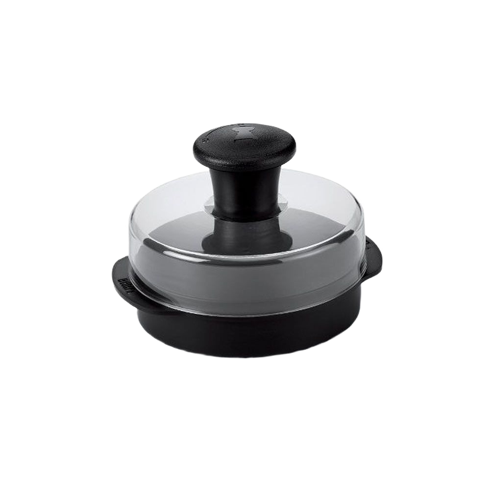 Black and clear handheld burger press tool for forming uniform patties in grilling accessories and outdoor living sets