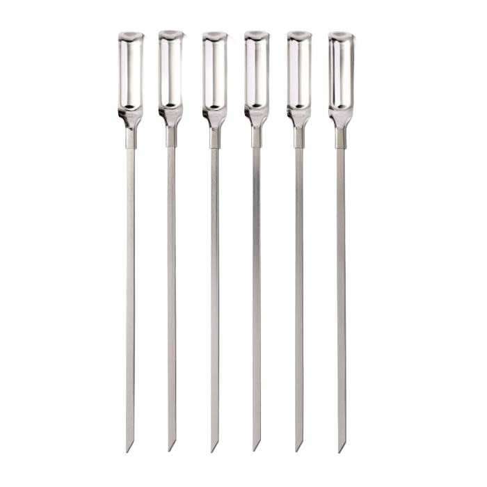 Set of six stainless steel grilling skewers with flat design and pointed tips for kabobs in kitchen gadgets collection