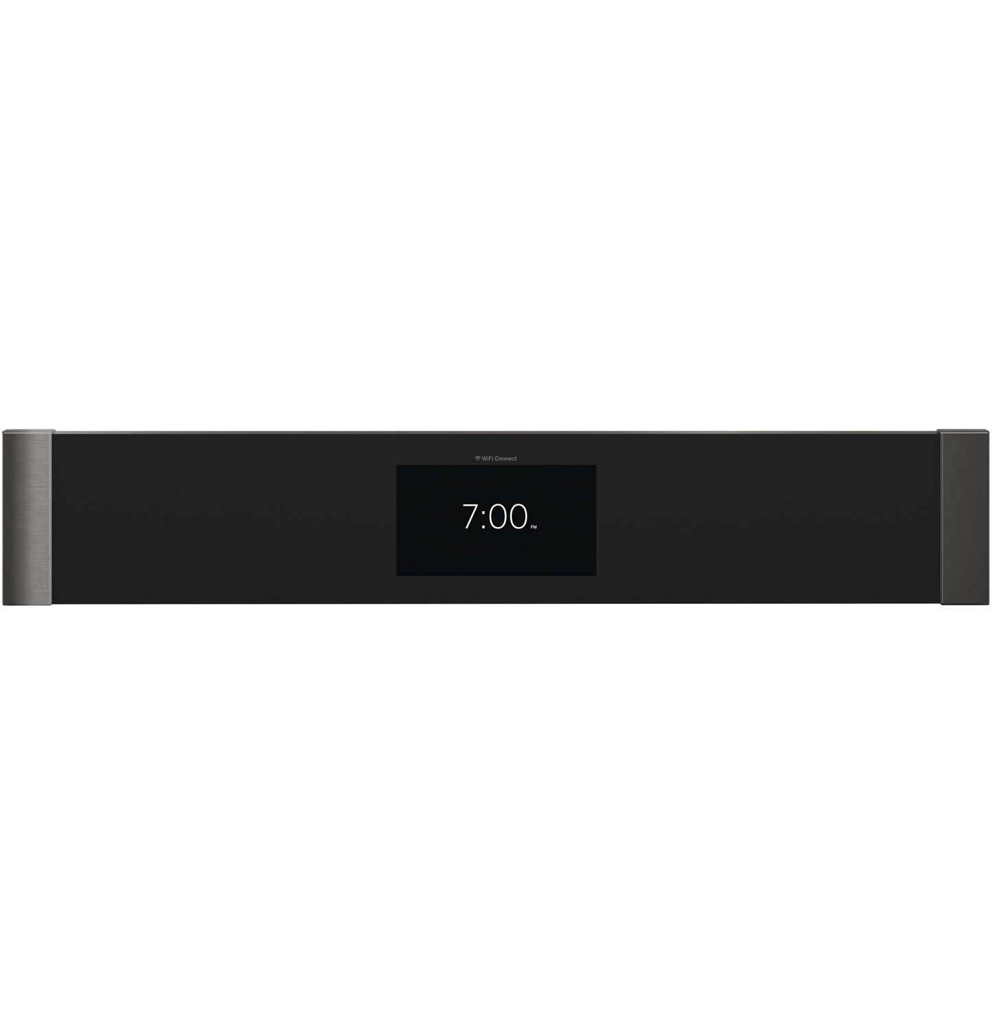 Control panel of GE Profile smart single wall oven with digital clock and sleek black and stainless steel accents for kitchen appliances.