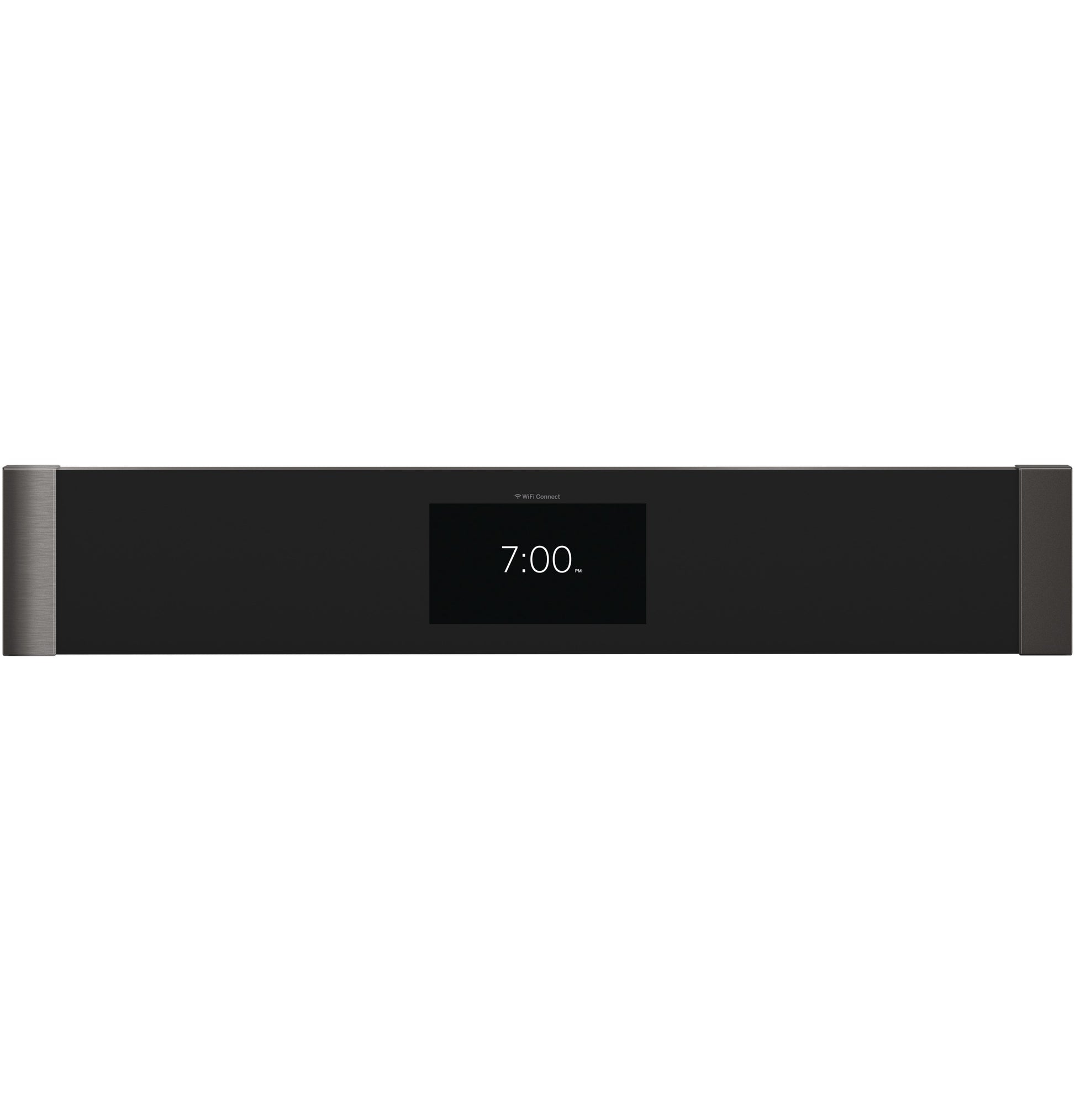 Control panel of GE Profile smart single wall oven with digital clock and sleek black and stainless steel accents for kitchen appliances.