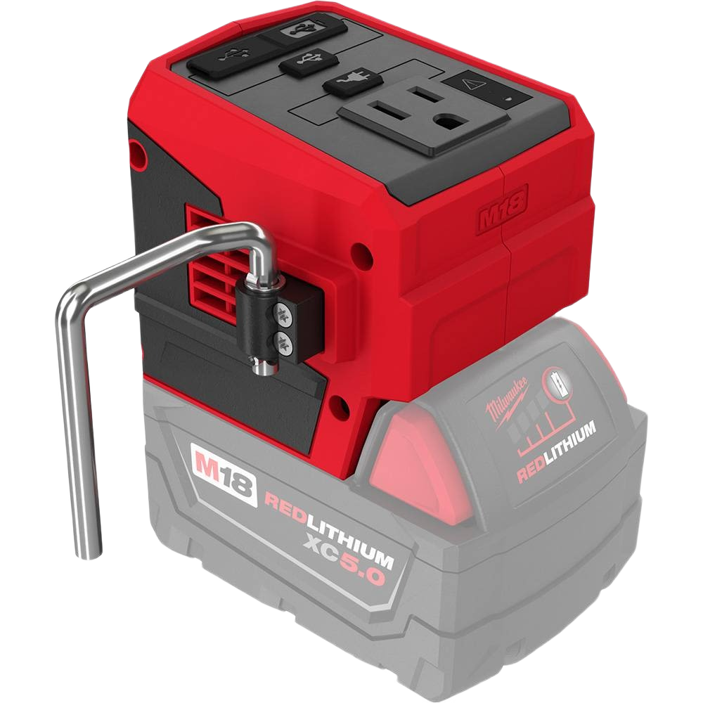 Red and black Milwaukee M18 power supply accessory with AC outlet and USB ports for tool and battery charging accessories collections