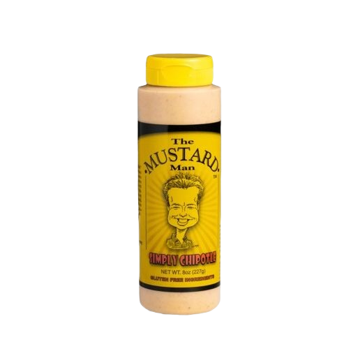 Plastic squeeze bottle of creamy chipotle mustard condiment with bright yellow cap and bold graphic label design
