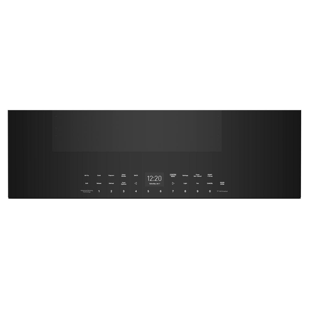 Black control panel of an air fry over-the-range microwave with digital display and touch controls in kitchen appliances collection