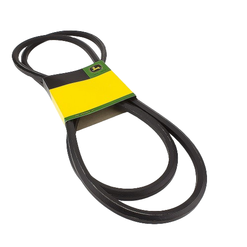 Black rubber V-belt with green and yellow label, designed for machinery maintenance in tools and home improvement tasks