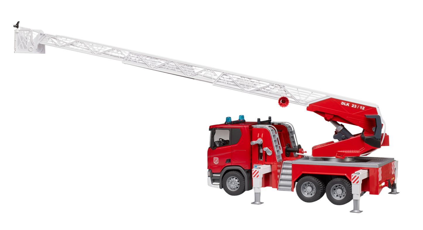 Red Bruder Scania Super 560R fire truck toy with extended ladder and stabilizing outriggers from Bruder Toys collection
