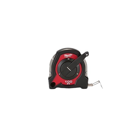 Red and black 100-foot long tape measure with closed reel and crank handle for measuring and woodworking tools collections