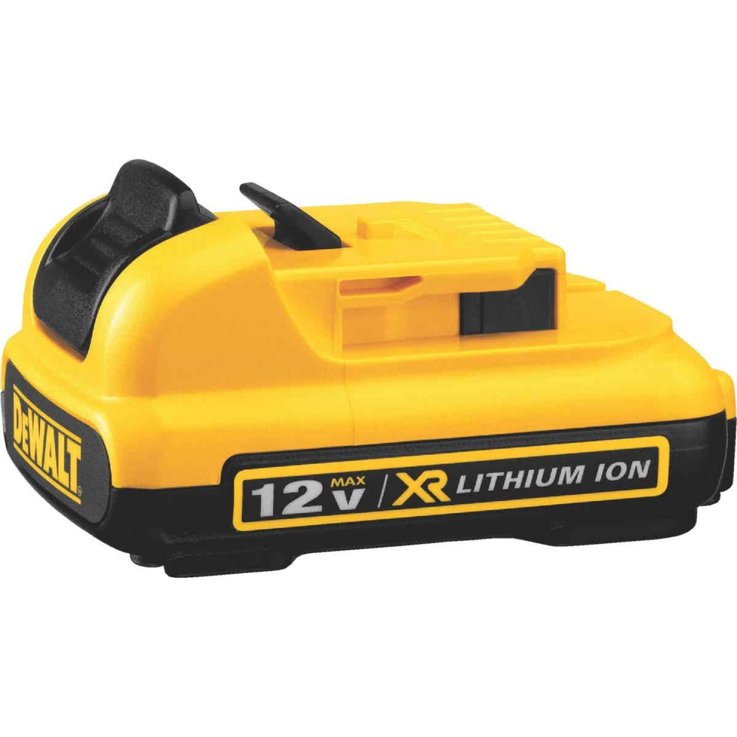 Compact yellow and black 12V XR lithium-ion battery pack designed for power tools and home improvement tasks