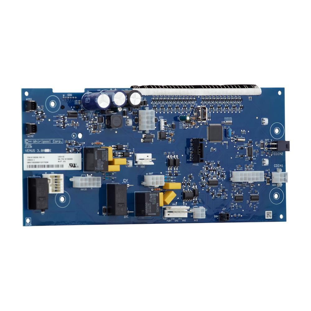 Blue control circuit board with capacitors, connectors, and relays for gas dryers in Dryers and Appliances collection