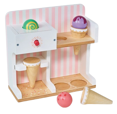 Wooden toy ice cream kiosk with cones and colorful scoops for imaginative play and home decor display
