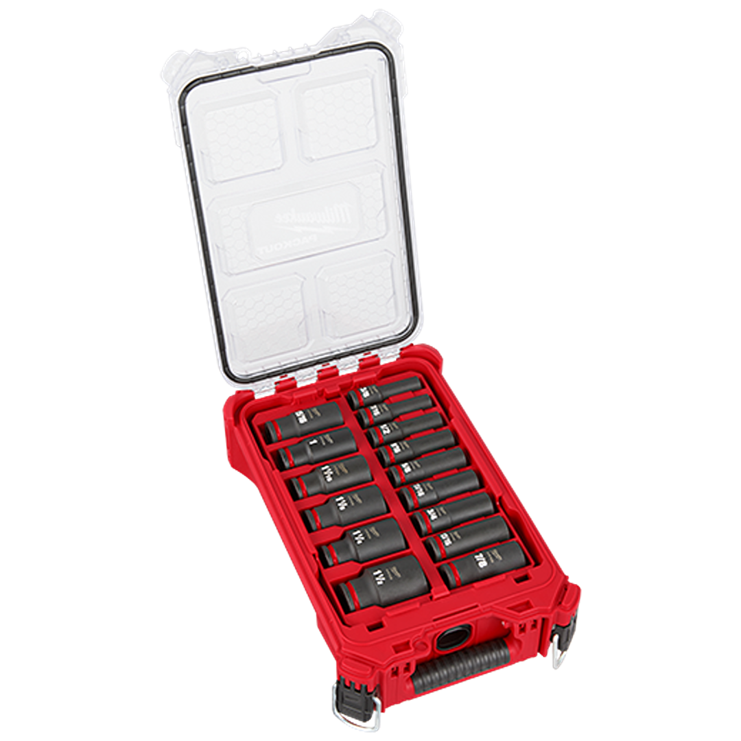 Red and black 15-piece impact duty socket set in a clear-lid PACKOUT™ case for hand tools and woodworking collections