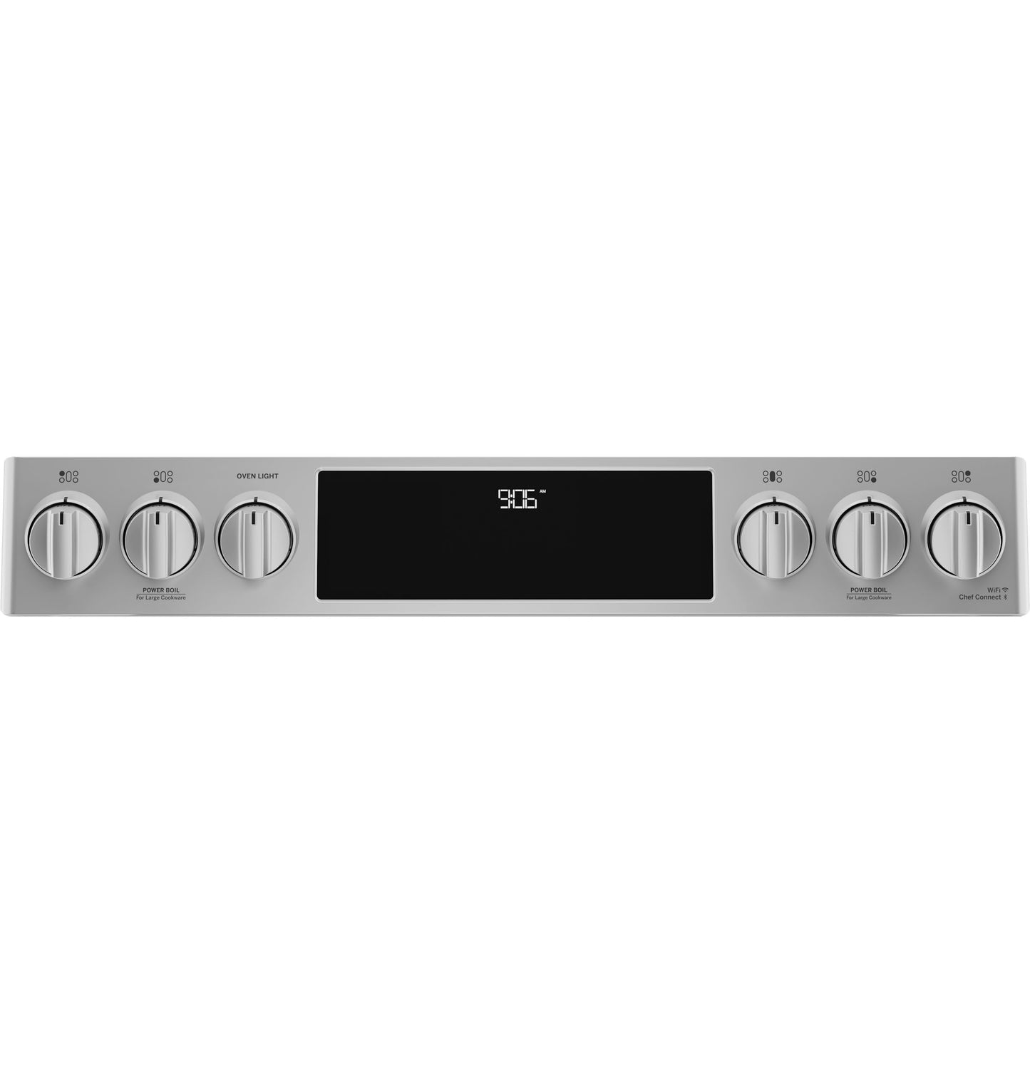 Control panel of stainless steel double oven gas range with six knobs and digital display in center from Ranges collection