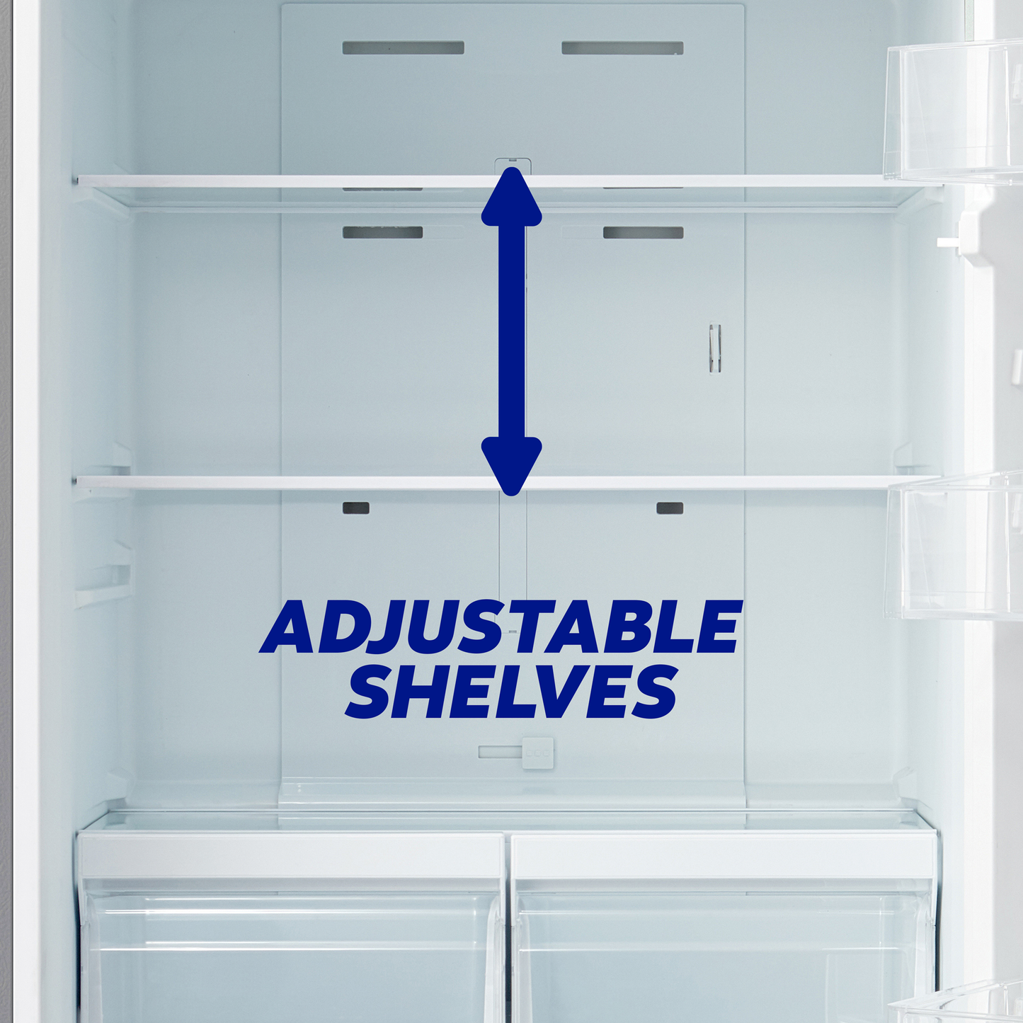 Interior view of a bottom freezer refrigerator showing adjustable shelving and clear drawers for kitchen appliance collections