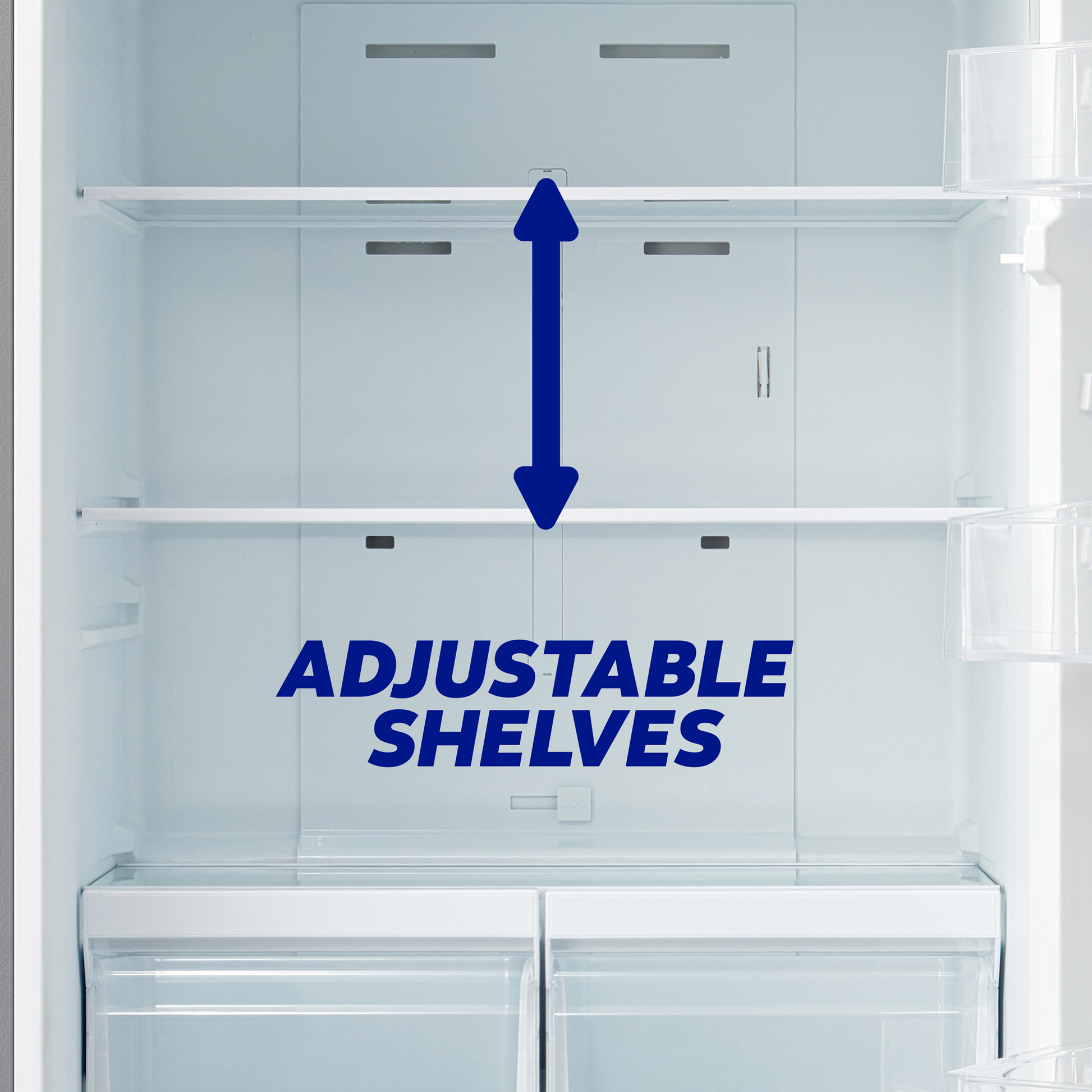 Interior view of a bottom freezer refrigerator showing adjustable shelving and clear drawers for kitchen appliance collections