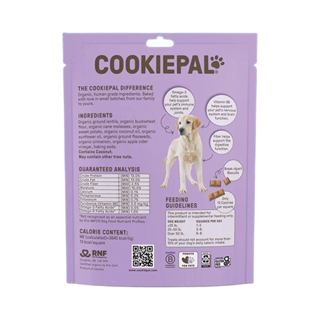 Back of Cookie Pal organic dog treats bag with ingredient and feeding information for pet supplies under $50