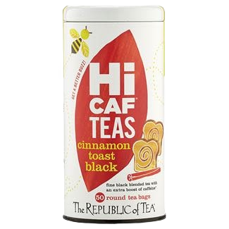 White tin container of cinnamon toast black tea bags with red and yellow graphics in drinks and under $50 collections