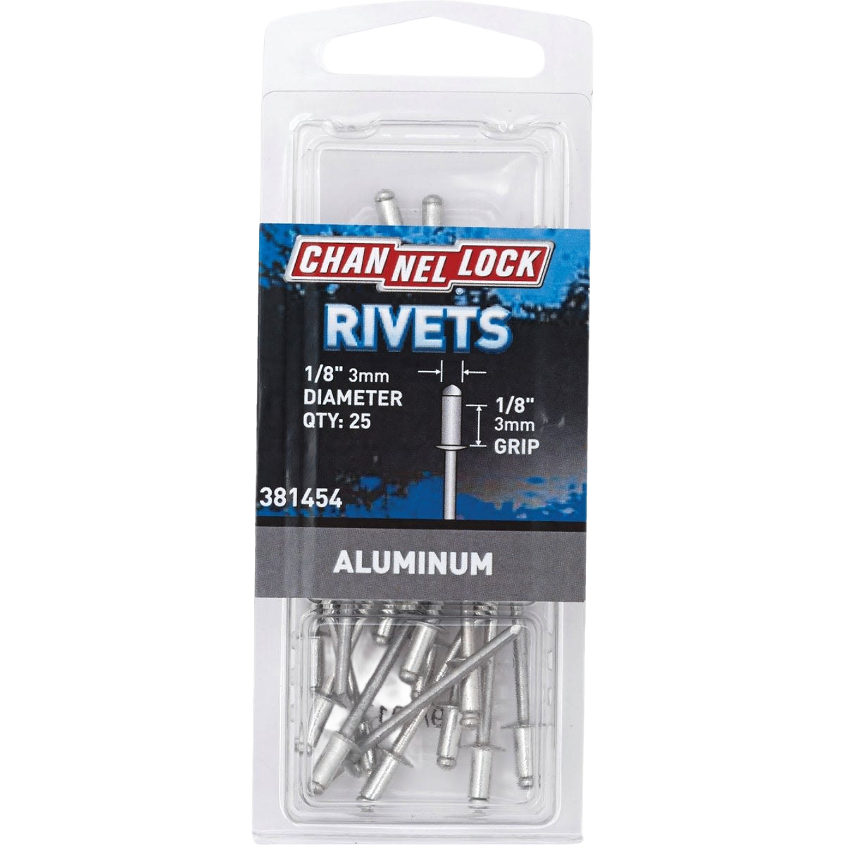 Clear plastic pack of aluminum pop rivets with 1/8 inch grip for tools and home improvement projects