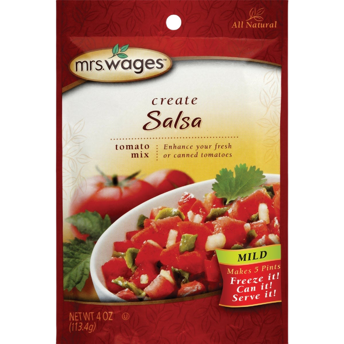 Packet of mild salsa tomato mix with fresh tomato and herb imagery for homemade salsa preparation