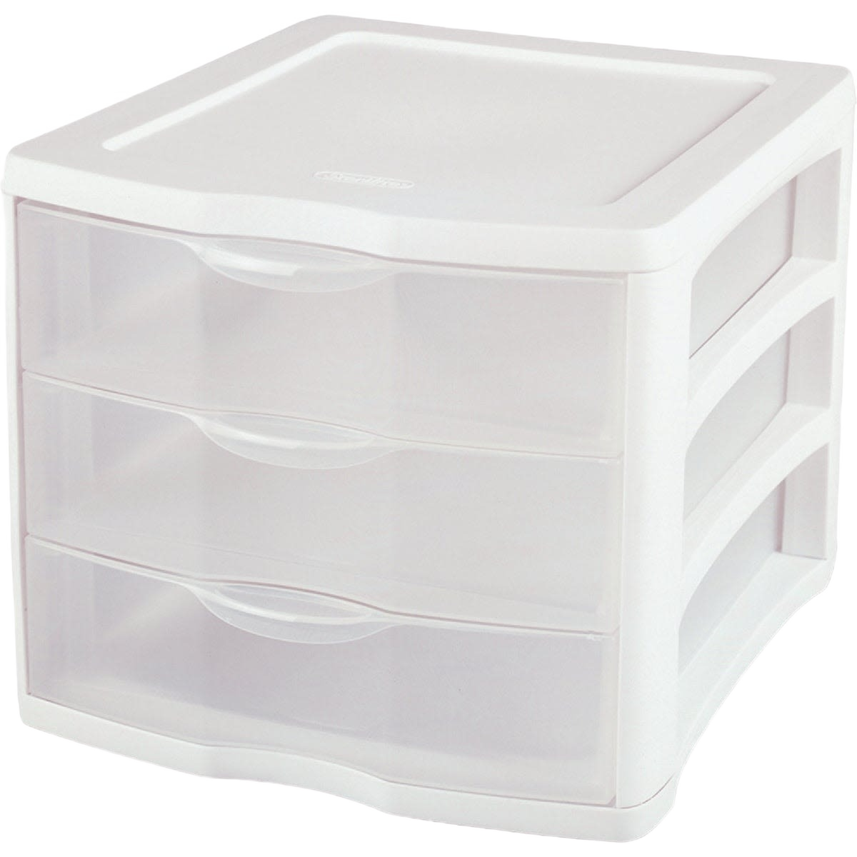 Compact white plastic 3-drawer storage unit with clear fronts for easy content viewing in kitchen and countertop organization.