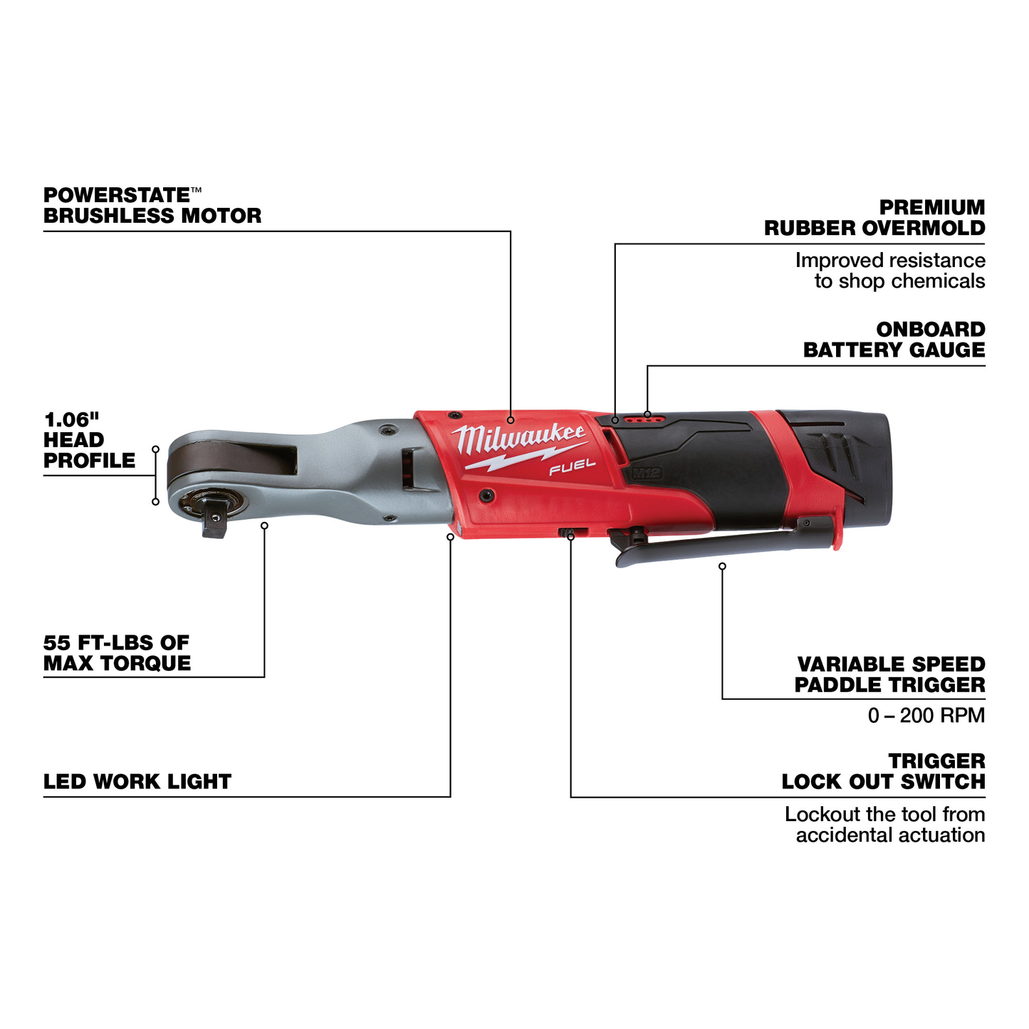 Cordless 3/8 inch ratchet with brushless motor, LED work light, variable speed trigger, and durable rubber overmold for tools and home improvement tasks