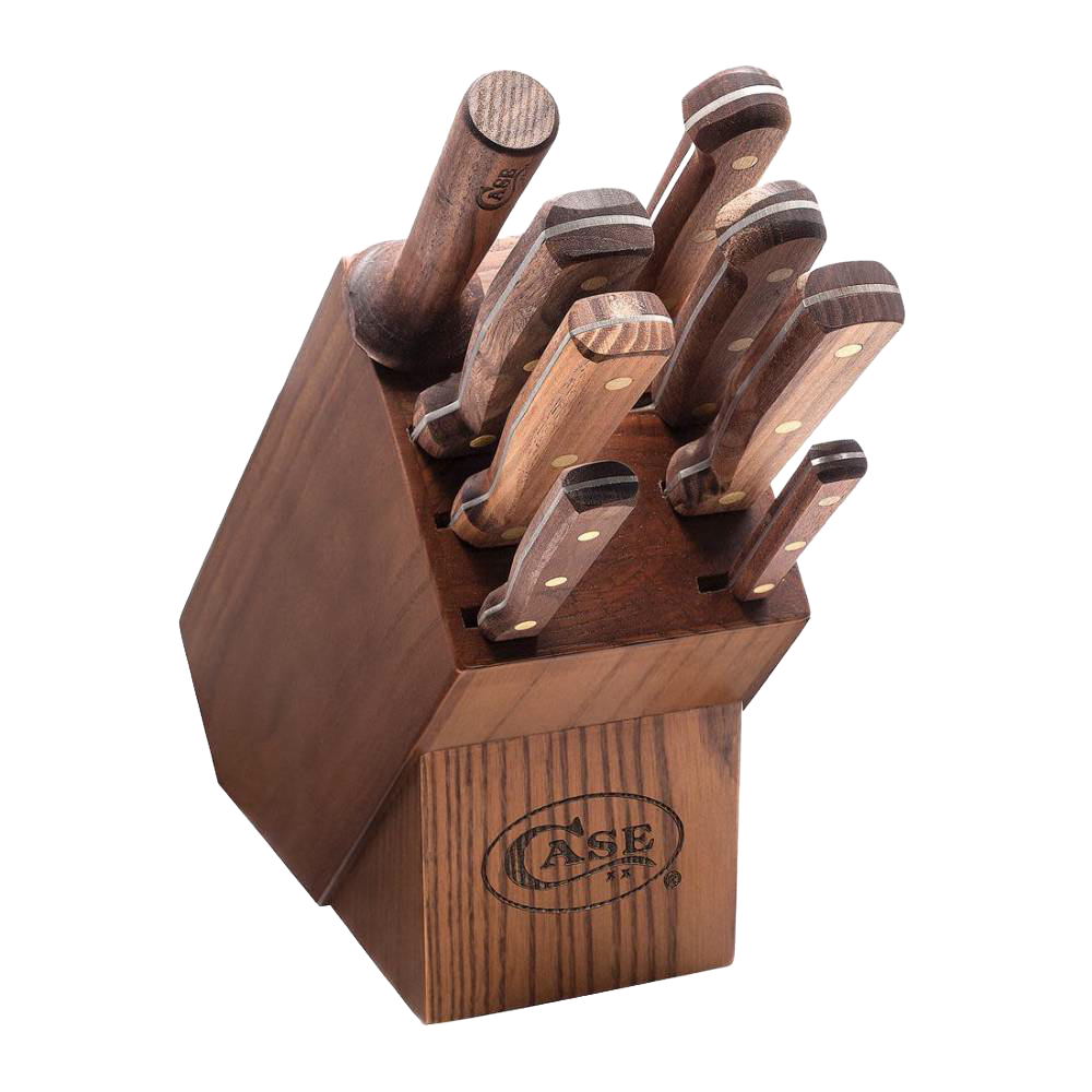 Wood-handled kitchen knife set in wooden block, durable cooking utensils from Kitchenware and Knives collections.