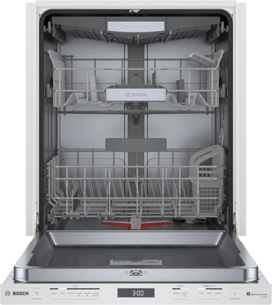 Open white dishwasher with adjustable racks and cutlery basket from Bosch kitchen appliances collection
