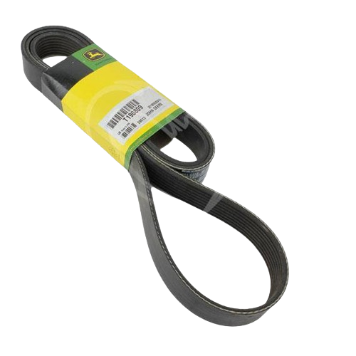 Black ribbed V-belt with yellow and green John Deere branded packaging for tools and home improvement use