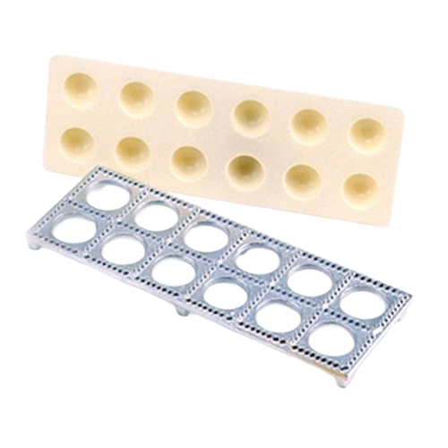 Metal and plastic ravioli mold pieces for making multiple filled pasta squares in kitchenware collection
