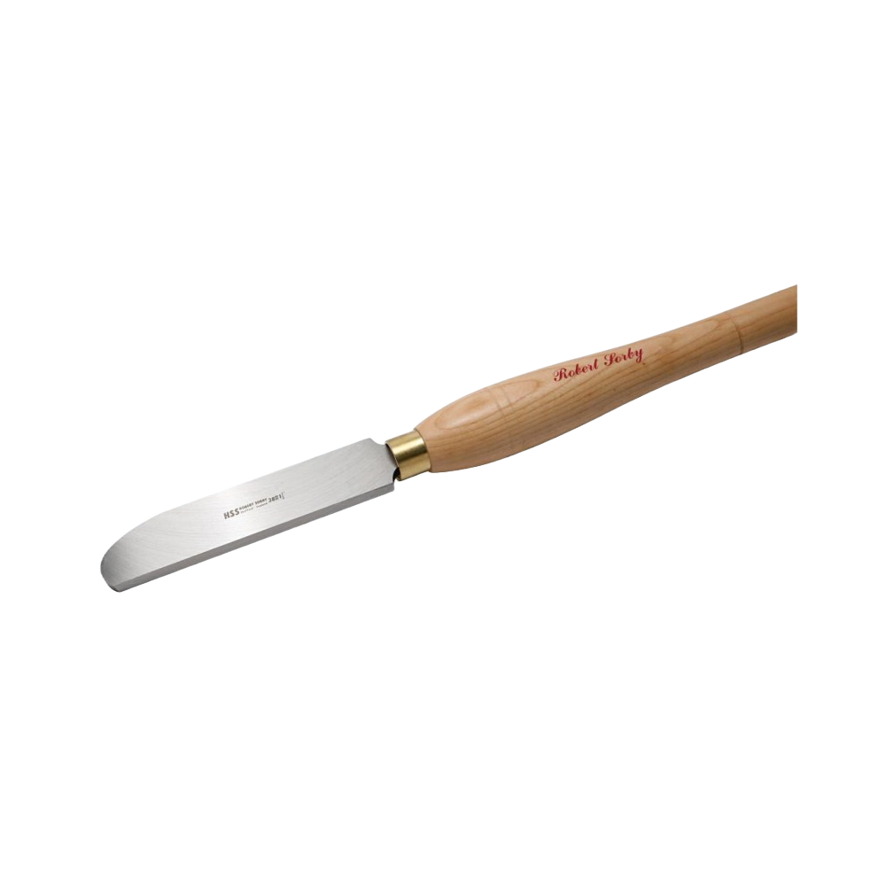 Woodworking finishing outboard scraper with polished steel blade and smooth wooden handle for precision tool use
